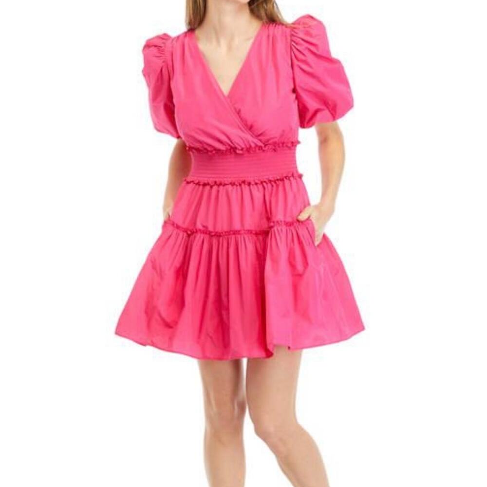 Karl Lagerfeld Paris Hot Pink Taffeta Mini Dress Size 12 Puff Sleeve Barbiecore
